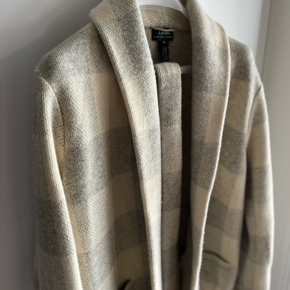 Ralph Lauren Women's Plaid Wool Jacket - Cream and Gray XL Shawl Wrap Lambswool